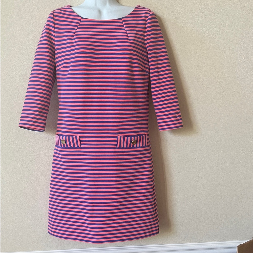 Lilly Pulitzer Pink and blue Striped Long-Sleeve Shift Dress S office party prep